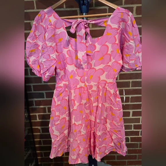 Mittoshop Pink & Purple Floral Rayon Empire Waist Lined Mini Dress Large NWT - Picture 3 of 5